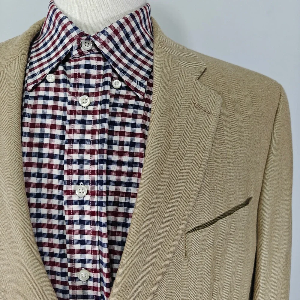 Kasper Men's Sport Coat Blazer‎ Two Button Beige Herringbone Silk Wool Size 44L
